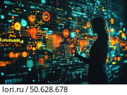 Silhouette of a woman working with an interactive digital panel displaying complex graphs, charts, infographics and data flows. Bright interface elements in neon shades of orange, blue and yellow emphasize the atmosphere of high technology and the future. The scene symbolizes data analysis, cybersecurity, information management and artificial intelligence. Suitable for use in IT, fintech, big data, innovation and digital transformation themes. Стоковое AI-изображение, AI-художник Анна Кривицкая / Фотобанк Лори