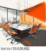 A modern office meeting room, depicted in a stylized graphic manner with an emphasis on bright orange elements. The space is designed in a minimalist style: glass partitions, a large dining area, office chairs on wheels and a pendant lamp. The illustration combines hand-drawn and digital coloring, creating the effect of a designer sketch. Suitable for visualization of projects in the field of architecture, corporate design, office interiors and presentations. Стоковое AI-изображение, AI-художник Анна Кривицкая / Фотобанк Лори