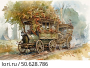 Watercolor illustration of an old steam carriage decorated with autumn leaves, moving along a forest road. The carriage is filled with passengers, some looking out of the windows, others sitting on the roof. The atmosphere of the scene conveys the spirit of adventure, fairy tale and vintage romance. The warm autumn palette with ochre, reddish and green shades creates a cozy and lively mood. Suitable for themes of retro transport, historical fantasies, fairy tales and travel. Стоковое AI-изображение, AI-художник Анна Кривицкая / Фотобанк Лори