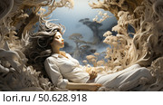 A fantastic digital illustration of a young woman sleeping peacefully in a surreal forest with abstract, undulating trees and plants. The heroine's hair flutters as if she is floating in a dream, and the soft light emphasizes the peacefulness and mystery of the scene. The painting conveys an atmosphere of magic, peace and dream world, creating a visual image between reality and fantasy. Ideal for themes of meditation, fantasy, psychology, sleep and inspiration. Стоковое AI-изображение, AI-художник Анна Кривицкая / Фотобанк Лори