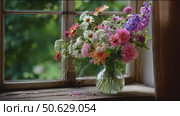 Colorful flower arrangement by a window with soft natural light in a cozy indoor setting. Стоковое AI-видео, аниматор Сергей Толмачёв / Фотобанк Лори
