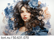 An elegant artistic portrait of a young girl surrounded by delicate flowers. Her luxurious dark curly hair is intertwined with blue and peach buds, creating the impression of a flower crown. Soft light emphasizes smooth skin, expressive eyes and a slight half-smile. The image is made in sophisticated digital painting with elements of watercolor and fashion art. Ideal for use in the design of cosmetic brands, magazine covers, posters, interior solutions and women's themes. Стоковое AI-изображение, AI-художник Анна Кривицкая / Фотобанк Лори