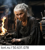 An atmospheric portrait of an elderly woman in old clothes against the backdrop of a dark workshop or hut. Her hands are stained with soot, her face is wrinkled, and her gaze is piercing and attentive. The woman is engaged in some kind of craft, perhaps brewing a potion or preparing herbs by the hearth. Elements of everyday life are visible around: fire, cauldrons, vessels, and smoke. The image resembles a healer, a witch, or a wise old woman from the countryside. Ideal for fantasy, mythology, fairy tales, folklore, and historical reconstruction. Стоковое AI-изображение, AI-художник Анна Кривицкая / Фотобанк Лори