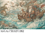 A detailed fantasy illustration in the style of a fairy tale engraving. In the foreground is a boat filled with wise elders, warriors, children and magicians sailing through a stormy sea. The waves are filled with fantastic sea creatures, mermaids, dragons, snakes and other mythical images. The illustration is full of movement, ornaments and elements of visual storytelling. The work is executed in warm and cool shades of sepia, aquamarine and azure. Ideal for book design, board games, posters and collectible art content. Стоковое AI-изображение, AI-художник Анна Кривицкая / Фотобанк Лори