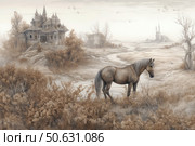A fairytale illustration in pastel and sepia tones depicts a horse standing on the bank of a winding river in an autumn landscape. In the background is an ancient castle with towers, surrounded by trees and fantastic architecture. In the distance, you can see more buildings, bare trees and flocks of birds flying in the sky. The atmosphere of mystery, coziness and melancholy makes the image ideal for decorating books, postcards, interiors and fantasy projects. Стоковое AI-изображение, AI-художник Анна Кривицкая / Фотобанк Лори