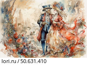 A romantic watercolor illustration of an elegant couple in 18th century attire walking against a backdrop of a fairytale castle and blooming roses. The man in a top hat and frock coat tenderly holds the hand of a woman in a lush dress with a flower arrangement in her hair. The painting is filled with movement, warmth and a sophisticated atmosphere of antiquity. The color scheme is soft pastel shades with a predominance of pink, blue and cream tones. Ideal for themes of romance, retro, fairy tales, fashion history, book illustrations and wedding projects. Стоковое AI-изображение, AI-художник Анна Кривицкая / Фотобанк Лори