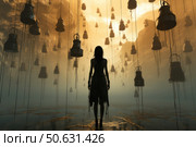 Atmospheric and symbolic fantasy scene: a silhouette of a woman in an elegant dress stands among many hanging bells in a mysterious canyon. Warm sunset light penetrates the fog, creating a mystical and almost meditative atmosphere. The painting conveys a feeling of loneliness, searching, sound and silence at the same time. A great choice for book covers, posters, art projects, philosophical and esoteric themes. Стоковое AI-изображение, AI-художник Анна Кривицкая / Фотобанк Лори