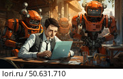 A digital illustration in the style of science fiction: a man in business clothes sits at a laptop in a cafe, working intently, while he is surrounded by several bright orange humanoid robots. The robots watch his actions with interest, creating an atmosphere of human-machine interaction. The environment is filled with details of everyday life - cups, papers, gadgets. The illustration visualizes the theme of the future, artificial intelligence, digital dependence and symbiosis of man with technology. Стоковое AI-изображение, AI-художник Анна Кривицкая / Фотобанк Лори