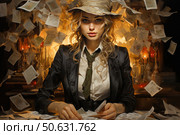 A digital illustration in a cinematic style depicting a young woman as a journalist or detective from the 1930s. She is seated at a desk surrounded by flying pages, as if caught in a whirlpool of information or investigation. She is wearing a classic white shirt, dark jacket, green tie and a soft fedora. The warm light of the lamps and the vintage setting of the lab or office create an atmosphere of mystery, drama and tension. Perfect for journalism, retro style, investigation, crime and creativity themes. Стоковое AI-изображение, AI-художник Анна Кривицкая / Фотобанк Лори