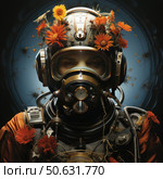 A conceptual sci-fi portrait of an astronaut in a spacesuit with a hermetic mask and helmet decorated with live orange flowers. The unusual combination of a high-tech suit and natural elements creates a contrast between science and nature, the future and the organic. In the background, there is an abstract cosmic glow and floating seeds, enhancing the atmosphere of dreams, exploration and inner peace. The illustration is ideal for themes of ecology, futurism, sci-fi, space and concept art. Стоковое AI-изображение, AI-художник Анна Кривицкая / Фотобанк Лори