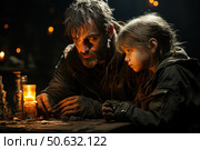 An atmospheric post-apocalyptic or survival style scene: a man with a scruffy beard and a girl with a serious look are sitting at a table in a dimly lit room. Their faces are illuminated by the soft light of a burning candle. Both are dressed in shabby dark clothes, and the man's hands are covered in dirt, which emphasizes the harsh living conditions. The characters' gaze is focused on something important on the table. The image conveys the strength of the connection, tension, care and the spirit of survival. Стоковое AI-изображение, AI-художник Анна Кривицкая / Фотобанк Лори