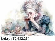 Watercolor illustration in the style of vintage European aesthetics. A young woman with a high powdered hairstyle decorated with flowers sits at an elegant table and enjoys aromatic tea. Her outfit is decorated with lace and ruffles, reflecting the fashion of the 18th century. On the table are exquisite dishes with floral patterns, glass goblets and a service. The illustration is done in soft pastel colors, creating a feeling of coziness, sophistication and old-fashioned romance. Стоковое AI-изображение, AI-художник Анна Кривицкая / Фотобанк Лори