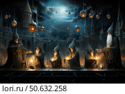 A fantasy scene depicting a group of wizards with long beards and dark hooded robes gathered in a circle under the open night sky. Each of them holds a glowing magical artifact or lamp, illuminating the surroundings with a soft golden light. Glass balls with lights float in the air above them, creating a sense of magic and ritual. In the background is a majestic castle with towers, bathed in moonlight. The atmosphere is filled with mystery, ancient knowledge and a sense of a great sorcerous council. Стоковое AI-изображение, AI-художник Анна Кривицкая / Фотобанк Лори