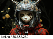 A futuristic portrait of a cyber-girl with android features. Her face resembles a porcelain mask with dark expressive eyes, decorated with mechanical elements, microcircuits and implanted parts. On her head is a complex metal helmet with decorative ornaments, wires and antennas in the style of steampunk or biopunk. The girl is dressed in a bright red jacket with patterns, against the background of a dark space and yellow flowers. The atmosphere combines mystery, aesthetics of retrofuturism and visual art. Стоковое AI-изображение, AI-художник Анна Кривицкая / Фотобанк Лори