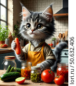 Антропоморфный котенок-повар консервирует овощи на кухне. Стоковое AI-изображение, AI-художник Margo / Фотобанк Лори