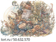 A fantastic watercolor illustration depicting an old wizard with a long white beard, sitting among a pile of ancient books, magical creatures and alchemical objects. He holds an open book and a magic wand, immersed in the process of casting a spell or reading wise texts. Around him is a fantastic chaos: dragons, birds, wonderful animals, strange artifacts and plants, intertwined into a single living composition. The image is made with many details, shades and patterns, creating the effect of fabulous depth and richness of the magical world. Стоковое AI-изображение, AI-художник Анна Кривицкая / Фотобанк Лори