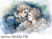 Watercolor illustration depicting a romantic moment: a couple in love in historical costumes of the 18th century, tenderly cuddle each other with their eyes closed. The man in a blue jacket with gold patterns, the woman in a sophisticated pastel dress, with jewelry in her hair and exquisite earrings. The soft palette, fluid lines and watercolor style create an atmosphere of dreaminess, love and serenity. Perfect for themes of love, historical romance, valentines and wedding printing. Стоковое AI-изображение, AI-художник Анна Кривицкая / Фотобанк Лори