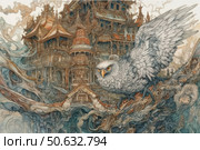 A fantastic illustration in the Art Nouveau style, depicting a majestic white bird with outstretched wings against the background of a complex, detailed architectural ensemble. The building resembles a fantasy castle with oriental and gothic elements, decorated with patterns and towers. The bird looks like a guardian of ancient magic, sitting on winding roots or energy flows. The work is done in pastel and copper tones, creating a sense of a fairy-tale and mysterious world. Ideal for fantasy projects, book illustrations, card games and design of content with magical aesthetics. Стоковое AI-изображение, AI-художник Анна Кривицкая / Фотобанк Лори