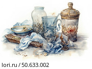 A watercolor still life composition with elements of vintage tableware and textiles. In the center of the image is a glass cup in a cup holder, a ceramic bowl of water, wicker coasters and a glass bottle with a decorative lid. The composition is decorated with soft light blue fabric, draped in a natural disorder, and small household items, including a bronze miniature and a sea shell. The painting is done in a vintage style, with a warm, soft palette that conveys coziness and nostalgia. This is a refined and artistic illustration, suitable for interior design, packaging or a magazine publication. Стоковое AI-изображение, AI-художник Анна Кривицкая / Фотобанк Лори