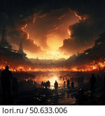A digital fantasy scene in a post-apocalyptic style. A crowd of people moves towards a fiery horizon reflected in a river under a gloomy sky torn by thunderclouds. Along the edges are silhouettes of destroyed buildings and industrial towers. The sunset light colors the scene in yellow-orange and dark red tones, creating a sense of the end of the world. Falling raindrops and flying birds enhance the drama of the moment. The atmosphere is one of despair, hope and fateful transition. Стоковое AI-изображение, AI-художник Анна Кривицкая / Фотобанк Лори