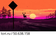 sunsilhouette deer crossing road sign ai generated. Стоковое AI-изображение, AI-художник Vectorwin / Фотобанк Лори