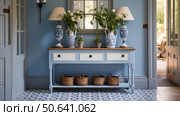 sconces blue hallway ai generated. Стоковое AI-изображение, AI-художник Vectorwin / Фотобанк Лори
