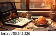 mishap coffee spill on laptop ai generated. Стоковое AI-изображение, AI-художник Vectorwin / Фотобанк Лори