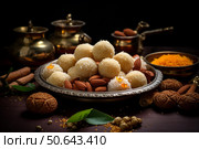 Delicious coconut ladoo with almonds and spices for diwali festival celebration. Стоковое AI-изображение, AI-художник Иван Рябоконь / Фотобанк Лори