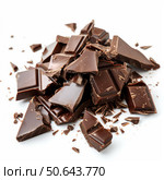 Pile of dark chocolate chunks on white background. Стоковое AI-изображение, AI-художник Иван Рябоконь / Фотобанк Лори