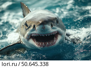 Great white shark with jaws open in attack mode swimming through blue ocean water. Carcharodon carcharias, surfacing with the head out of the water and the mouth wide open off. Стоковое AI-изображение, AI-художник Ирина Михайличенко / Фотобанк Лори