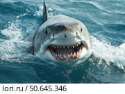 Great white shark with jaws open in attack mode swimming through blue ocean water. Carcharodon carcharias, surfacing with the head out of the water and the mouth wide open off. Стоковое AI-изображение, AI-художник Ирина Михайличенко / Фотобанк Лори