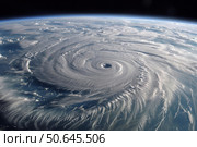 Hurricane eye forming over earth, generating powerful winds and devastating storm surge. Стоковое AI-изображение, AI-художник Иван Рябоконь / Фотобанк Лори