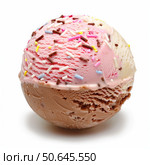 Neapolitan ice cream scoop melting with sprinkles on white background. Стоковое AI-изображение, AI-художник Иван Рябоконь / Фотобанк Лори