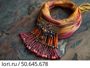 Colorful silk scarf with beaded tassel pendant on rustic wooden surface. Стоковое AI-изображение, AI-художник Иван Рябоконь / Фотобанк Лори