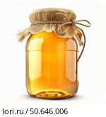 Glass jar full of golden honey covered with hessian cloth on white background. Стоковое AI-изображение, AI-художник Иван Рябоконь / Фотобанк Лори