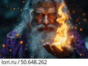 Old wizard in a purple robe holding magic fire in a hand. Colorful fairy tale character, science fiction film. Halloween concept. Стоковое AI-изображение, AI-художник Ирина Михайличенко / Фотобанк Лори
