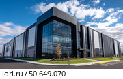 Modern data center office building features a striking glass facade and design. Современное офисное здание центра обработки данных имеет потрясающий стеклянный фасад и дизайн. Стоковое AI-изображение, AI-художник Katsiaryna Repich / Фотобанк Лори