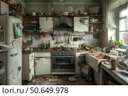 Dirty and messy kitchen showing neglect and filth. Стоковое AI-изображение, AI-художник Иван Рябоконь / Фотобанк Лори