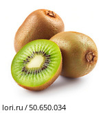 Fresh kiwi fruits showing ripe green pulp and seeds on white background. Стоковое AI-изображение, AI-художник Иван Рябоконь / Фотобанк Лори
