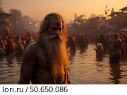Sadhu bathing in the ganges river at sunrise during kumbh mela. Стоковое AI-изображение, AI-художник Иван Рябоконь / Фотобанк Лори