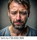 Close-Up Portrait of a Sad Man Crying. Generative AI. Стоковое AI-изображение, AI-художник Roman Zavorotny / Фотобанк Лори