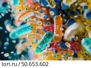 Colorful bacteria attacked by white and blue pills in 3d render. Стоковое AI-изображение, AI-художник Иван Рябоконь / Фотобанк Лори