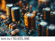 Electrolytic capacitors and resistors populating surface mount printed circuit board. Стоковое AI-изображение, AI-художник Иван Рябоконь / Фотобанк Лори