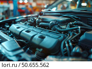 Close up of powerful car engine showing its complex components in a modern auto repair shop. Стоковое AI-изображение, AI-художник Иван Рябоконь / Фотобанк Лори