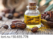 Castor oil in clear glass bottle with cork lid surrounded by castor seeds on rustic wooden table. Стоковое AI-изображение, AI-художник Иван Рябоконь / Фотобанк Лори