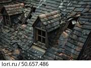 Damaged slate roof tiles showing neglect and decaying dormer windows. Стоковое AI-изображение, AI-художник Иван Рябоконь / Фотобанк Лори
