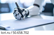 Robot hand writing with pen symbolizing artificial intelligence, automation in creative tasks, and future of digital authorship. Стоковое AI-изображение, AI-художник Igor Tichonow / Фотобанк Лори