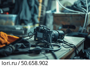 Professional digital camera resting on table in film set environment. Стоковое AI-изображение, AI-художник Иван Рябоконь / Фотобанк Лори