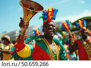 Smiling dancer with colorful costume blowing vuvuzela at carnival parade. Стоковое AI-изображение, AI-художник Иван Рябоконь / Фотобанк Лори