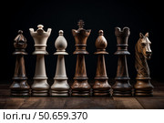 Wooden chess pieces standing on dark wooden surface. Стоковое AI-изображение, AI-художник Иван Рябоконь / Фотобанк Лори